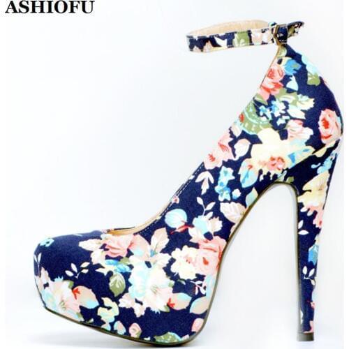 ASHIOFU Handmade Ladies High Heel Pumps Flower Leather Party Platform Dress Shoes Round-toe Evening Fashion Court Shoes XD114