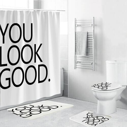 ‘YOU LOOK GOOD’ Quote Print White Shower Curtain Polyester Minimalist Bathroom Decoration Set 4 Piece Non-slip Mat Toilet Cover