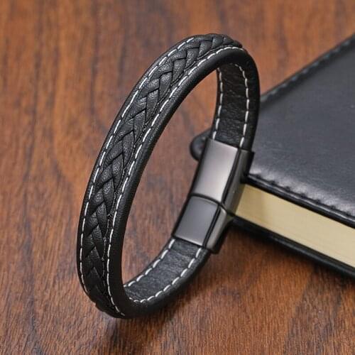 Popular Mens Simple Punk Leather Bracelet Stainless Steel Magnet Buckle Jewelry Ladies ID Custom Name Chain Bracelet Bangle