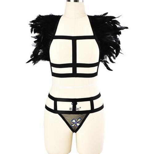Black Goth Halloween Feather Dress Harness Body Belt Cage Bra +Transparent Mesh G-string Briefs Underwear Panties Body Harness