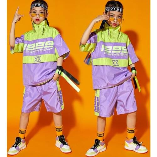 Kids Ballroom Hip Hop Clothing Purple Tshirt Tops Stage wear Cargo Shorts For Girls Boys Jazz Dance Wear Costumes Clothes