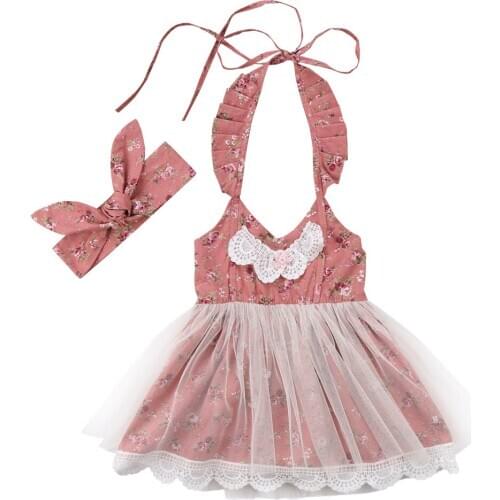2018 Cute Summer Princess Kids Baby Flower Girls Lace Dress+Headband 2pcs Lace Floral Tulle Party Dress Sundress Size 0-5T