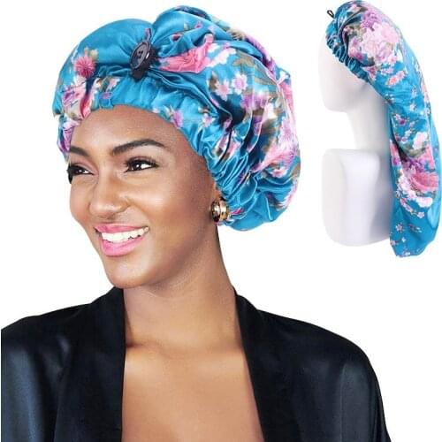 Long Extra Large Elastic Print Satin Bonnet for Women Sleeping Cap with Button Folding Breathable Sleeping Turban Sleep Headwear
