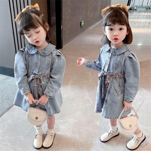 Jeans Children Spring Summer Lapel Dress Baby Girls Dresses Trendy Kids Long Sleeve Ruffle Special Occasion High Quality
