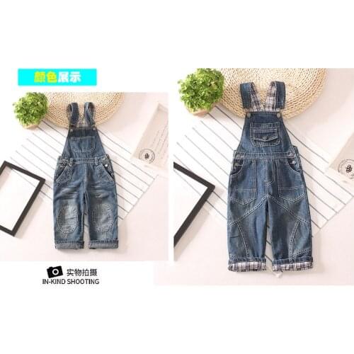 Childrens denim overalls Korean boy denim childrens pants pure cotton can open the crotch and add cotton thickening