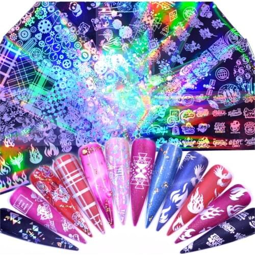LCJ Holographic Nail Foil Flame Dandelion Panda Bamboo Holo Nail Art Transfer Sticker Water Slide Nail Art Decals