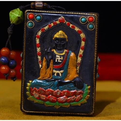 3"Tibet Temple Collection Old Natural horns Filigree mosaic Gem Dzi Bead Shakyamuni statue Amulet Pendant Town House Exorcism