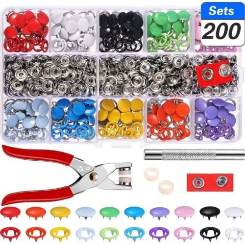 200 Set Hollow Solid Romper Snaps Tongue Buckle Metal Ring Button for Baby Kids Clothing Sewing Craft 9.5mm, 10 Colors
