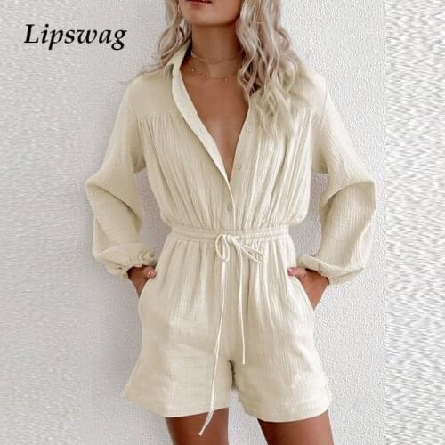 Fashion Summer Button Overalls Jumpsuit Women Sexy Deep V Neck Solid Shorts Romper Casual Long Sleeve Drawstring Beach Playsuits