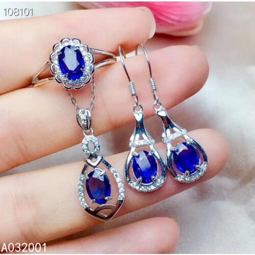 KJJEAXCMY fine jewelry natural sapphire 925 sterling silver gemstone pendant necklace ring earrings set support test beautiful