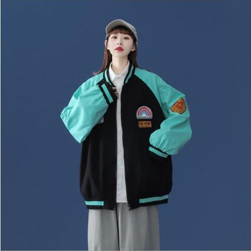 Color Matching Black Grey Khaki Spring Casual Womens Jacket Autumn Fashion Loose Korea Style Baseball Uniform Coat For Female