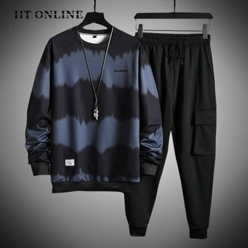 2021 Mens Sets Gradient Color Men Tracksuit Casual Hoodies+Pants 2 Piece Set Hip Hop Streetwear Loose Round Neck Sports Suit