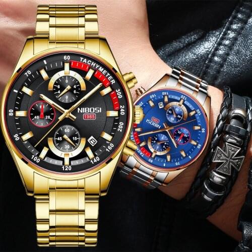 NIBOSI New Causal Sport Chronograph Mens Watch Stainless Steel Band Wristwatch Big Dial Quartz Watches with Luminous Pointers