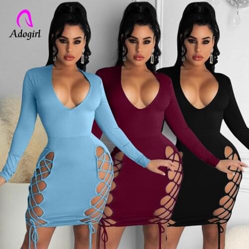 Solid Women Mini Dresses Long Sleeve Deep V Neck Sexy Hollow Out Bandage Club Party Vestidos