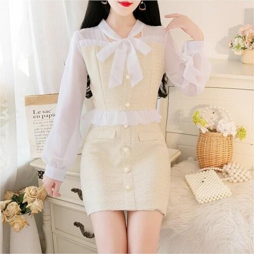 Autumn Womens Two-piece Set Korean Fashion Tweed Mesh Stitching Long-sleeved Top + Elegant Mini Skirt Conjuntos De Vestido