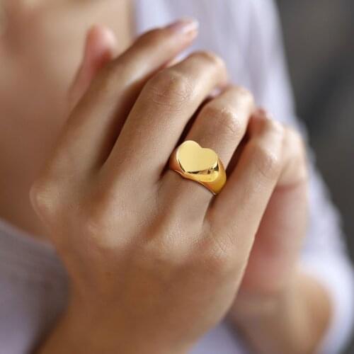 Personalised Stamped Heart Signet Ring, Free Engraving Name Customized Rings Womens, Love Gift for Her
