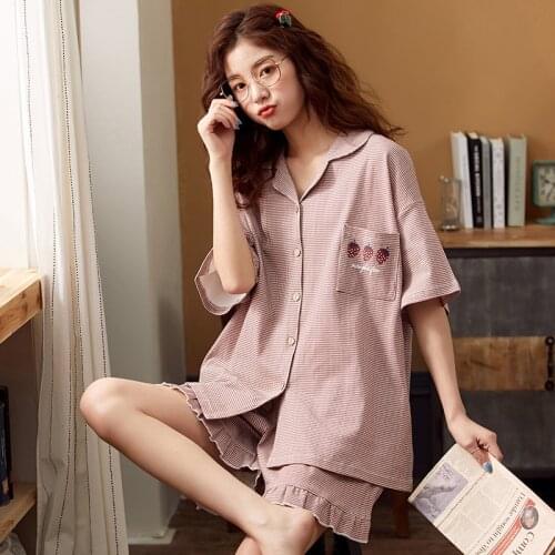 Womens Pajamas Summer Cotton Short-Sleeve Shorts Two Pieces Sleepwear Cardigan V-Neck Thin Casual Loose Female 's Homewear