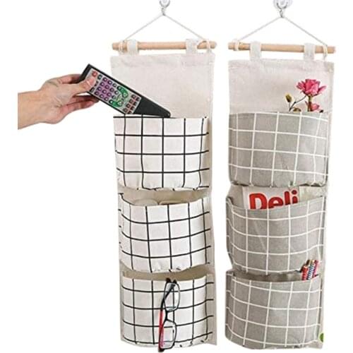 Hanging Storage Bag Plaid Cotton Lnen Storage Organizer with Three Pockets for Home Mobile Phone Tissues Keys Wallets Storage