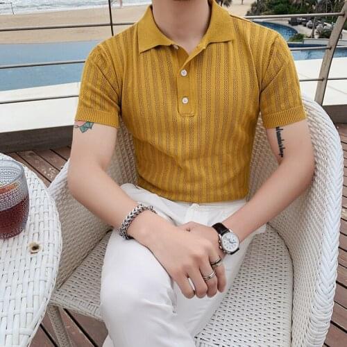 Summer Polo Shirts Men Short Sleeve Knitted Solid Striped POLO Shirt British Style Business Social Casual Tee Tops Male Clothing