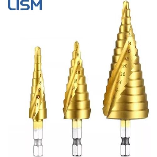 HSS Spiral Grooved Titanium Coated Step Drill Bit Spiral Flute Hex Shank Wood Metal Hole Cutter Universal Power Tools 4-12/20/32