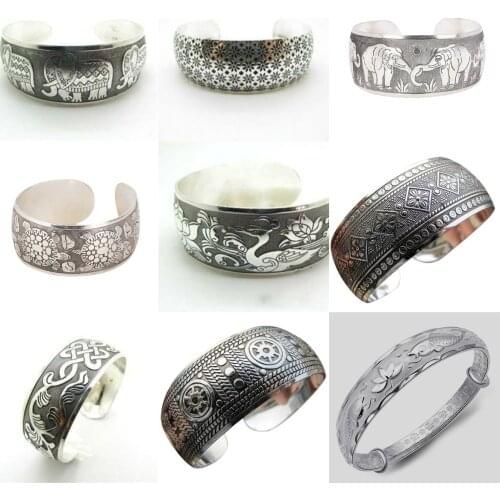 Vintage Silver Cuff Mantra Bracelet Bangle Lotus Flower Braclet Tibetan Buddhism Ethnic Jewelry