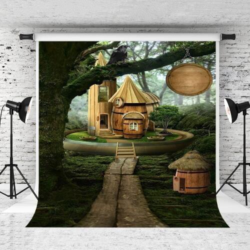 VinylBDS 10X10FT Forest Photography Backdrops Big Tree Wood House Cartoon For Children Photography Scenic Photo Backdrops