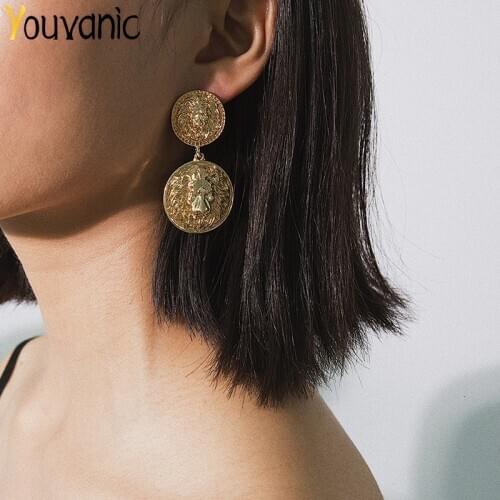 Youvanic Personality Lion Coin Dangle Drop Earrings Female Vintage Statement Brincos Round Earing For Women Fashion Jewelry 1363