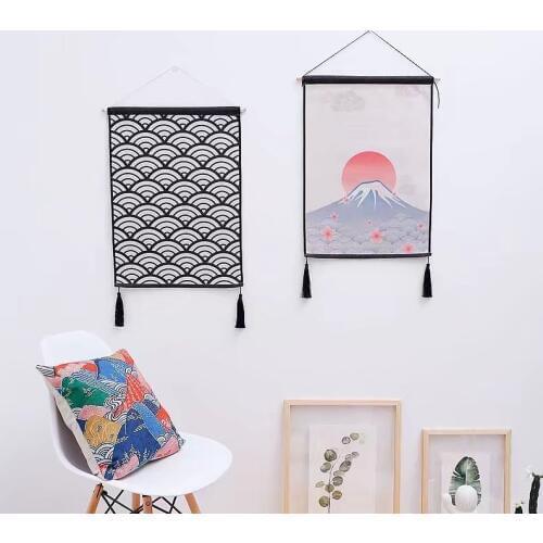 Japanese tapestry fish scales Cat and donkey drawn fish Fabric Lucky cat mount Fuji decoration picture