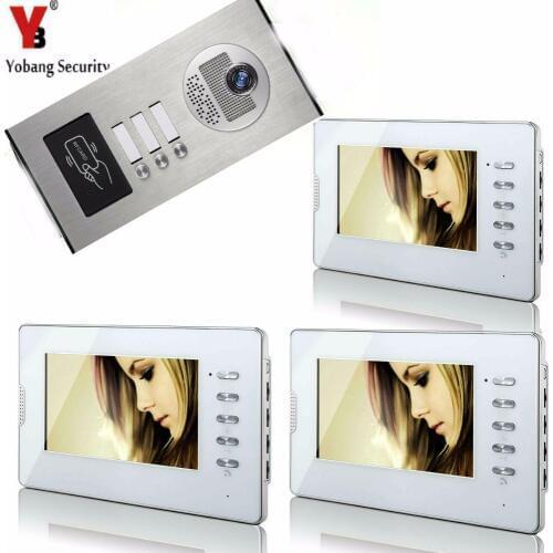 Yobang Security 7" Video Intercom Door Phone 3 White Monitors Doorbell Camera for 3 Family Apartment + RFID Access System