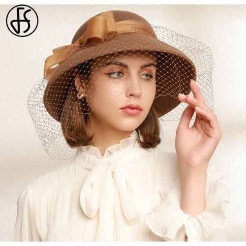 FS New Bowknot Dome 100% Australian Wool Felt Fedora Hats For Women Winter Church Cloche Derby Hat Fedoras Bowler Cap With Veils