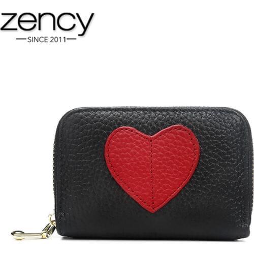 Zency Mini Short Wallet For Women Genuine Leather Heart Shape Decoration Daily Casual Coin Pocket Purse Card Holders Black Red