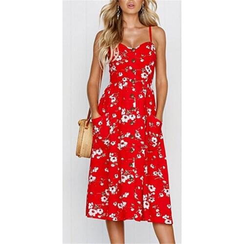 Summer 2021 Womens Sling Dress Long Floral Print Bohemian Dress V-neck Sleeveless Button Sleeve Beach Womens Casual Wear Xl