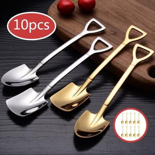 10Pcs Stainless Steel Iron Shovel Spoon Coffee Ice Cream Spoon Retro Cute Square Head Spoon Kitchen Gadget