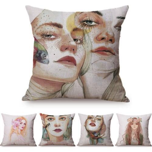 Watercolor Art Charming Fashion Girl Self-Portrait Room Decorative Cushion Cover Beautiful Woman Printing Sofa Throw Pillow Case
