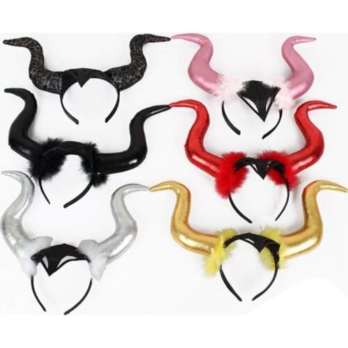 Halloween Long Demon Ox Horn Headband Evil Queen Glitter Hair Hoop Cosplay Costume Magic Witch Headpiece Accessory for Women Gir