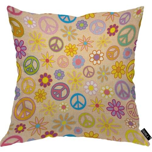 EKOBLA Peace Signs Throw Pillow Cover Colorful Flowers Groovy Garden Cartoon Harmony Summer Symbol Cozy Square Cushion