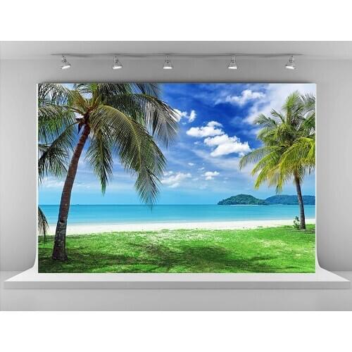 Blue Sky White Clouds Green Tree White Sand Beach background polyester or Vinyl cloth Computer print wall backdrop