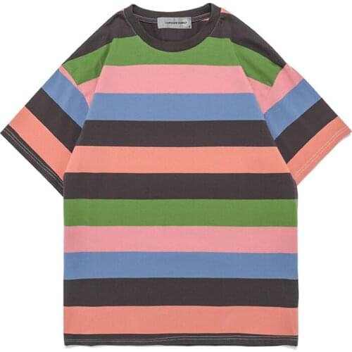 Hip Hop Casual T shirt Men Summer Rainbow Color Block Stripe Cotton Short Sleeve T-Shirts Streetwear Harajuku Tees Tops