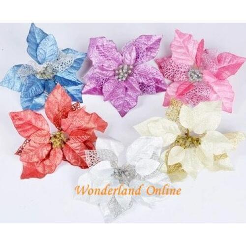 22CM 6 Colors Artificial Glitter Christmas Flower Head Holiday Gift Fashion DIY Simulation Flower for Christmas Decoration Free