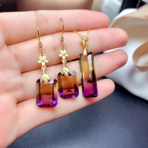 Luxurious big Pincushion Natural crystal gem earrings Pendant Natural Ametrine Jewelry Set 925 Silver Women Necklace Ring