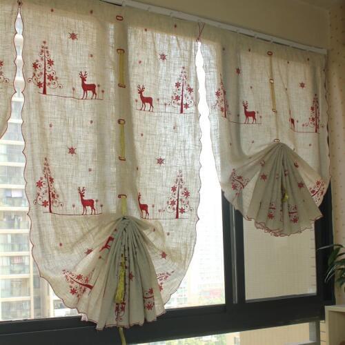 Red Rudolph Christmas style balloon curtain Linen Pull-up curtain for living room and kitchen decorative short