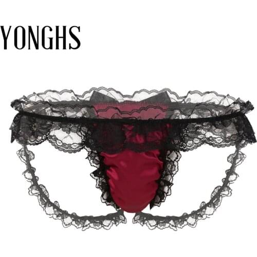 Mens Sissy Satin Lingerie Panties for Sex Low Rise Bulge Pouch T-back Frilly Ruffled Lace Bikini Underwear Sexy Thong Briefs