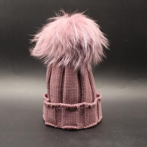New arrival elegant exclusive style dyed racccoon fur pom pom knitted beanies winter autumn warm multi colors knitted pom hat