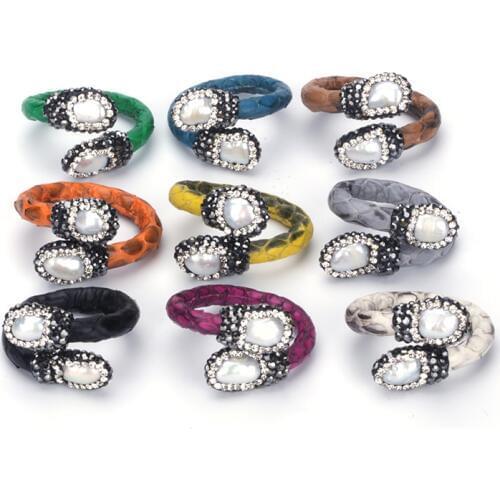 New Freshwater Pearl Tail End Bead Charms Rhinestone Multi Colors Real Snake Leather Wrap Open Adjustable Rings Cuff For Women