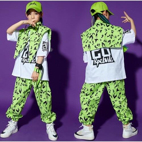 Green Rave Clothes Hip Hop Outfit Childern Dancer Outfit Cargo Pants Street Dancewear Stage Costume Festival Clothing DL8238