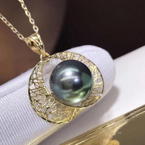 Fine Jewelry 18K Yellow Gold Natural Italy Origin Tahiti Black Pearl 10-9mm Pendant Necklaces for Women FIne Pearls Pendants