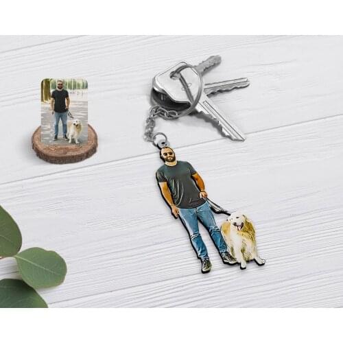 Personalized Full Size Boy and Dog Caricature Of Wood Anahtarlık-1