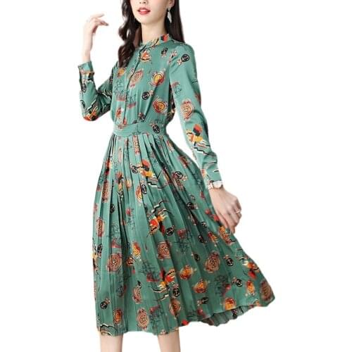 New product special offer 2021 silkworm dress long sleeve printing pleated French waist slimming dress