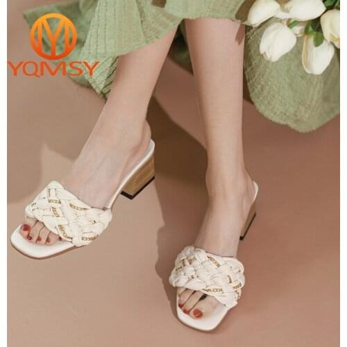 YQMSYNA Casual Women Slippers Fashion Square Heel Weave Summer Slippers Convenient Elegant New Outside Slides Ladies Shoes AS130
