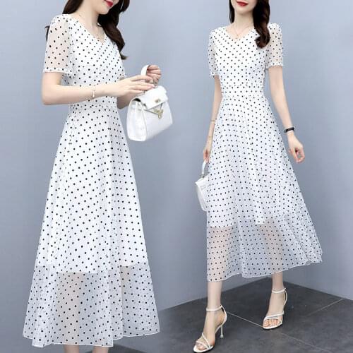 Plus Size Chiffon Dress 2021 Summer Fashion Short Sleeve V-Neck Korean White Polka Dot Dress Women Long Vestidos M-4XL zh1002